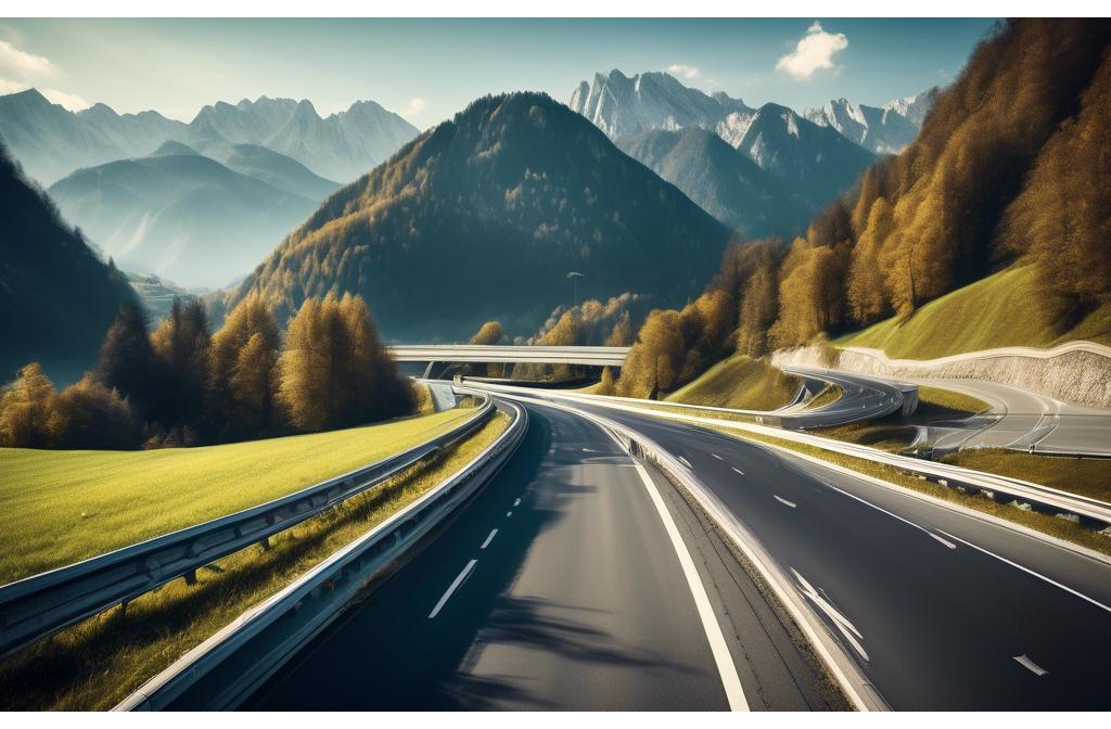 Scenic Austrian motorway with majestic mountains in the background under a clear blue sky